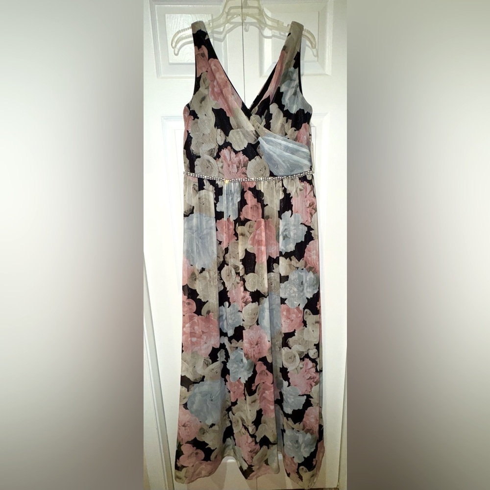 SLNY Black Floral Maxi Dress with Pink, Blue & Cream Blooms